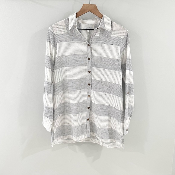 Foxcroft Linen Blend Gray Stripe Tunic Size 4 - Picture 1 of 5